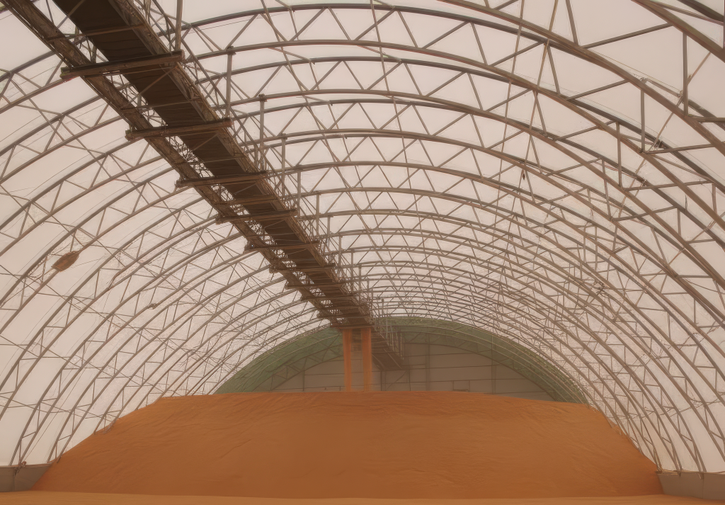 Intérieur d’un bâtiment de stockage de grain avec grande capacité d’entreposage agricole